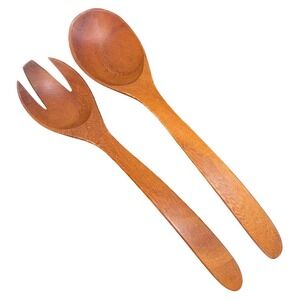 Vintage Mid Century Modern Solid Wood Salad Servers Spoon and Fork Set‎ 12 Inch